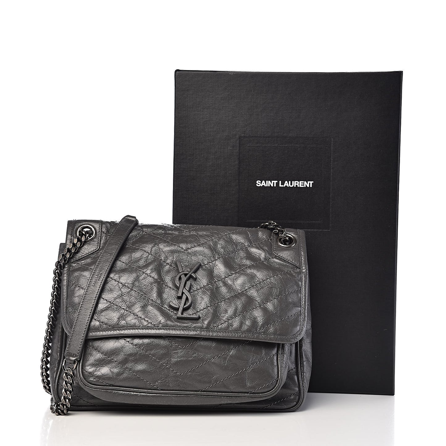 Crinkled Calfskin Matelasse Monogram Medium Niki Chain Satchel Fog