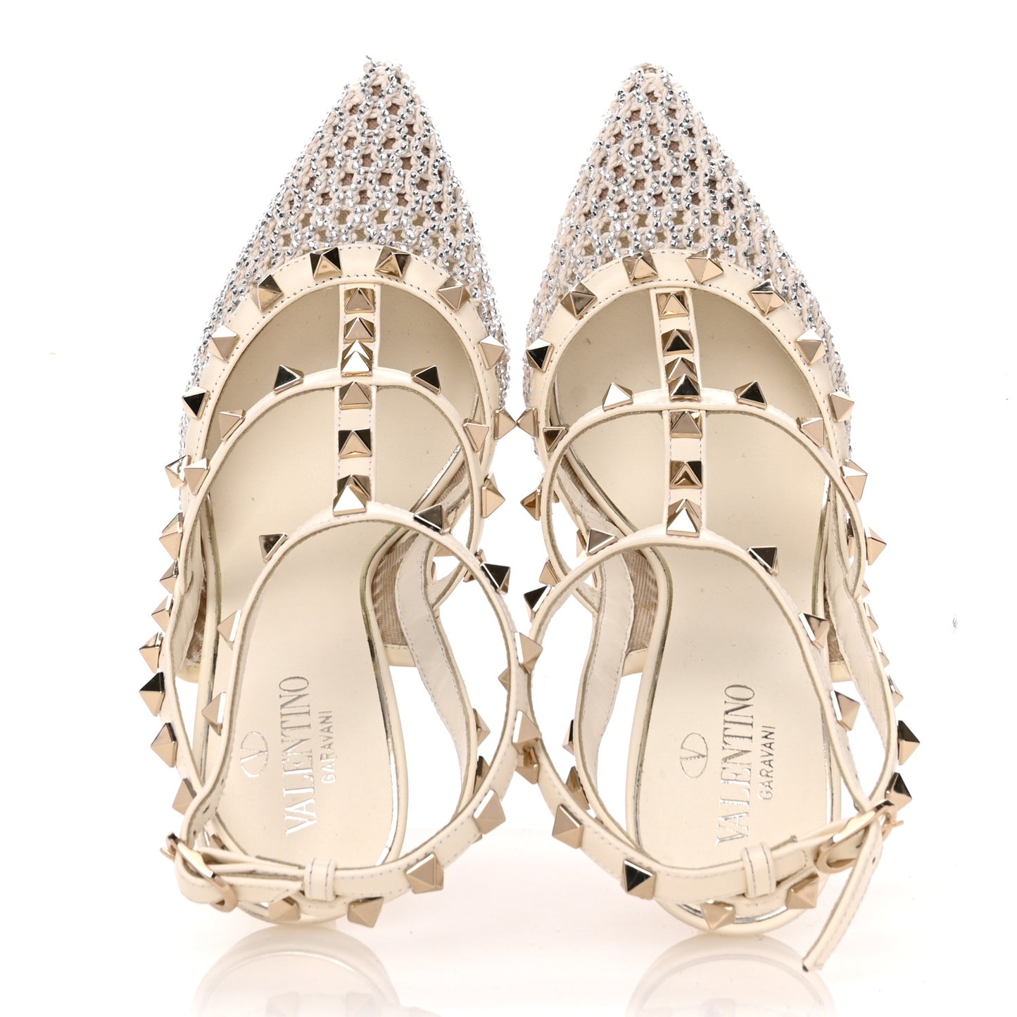 Crystal Embellished Mesh Rockstud Ankle Strap 100mm Pumps 37 White