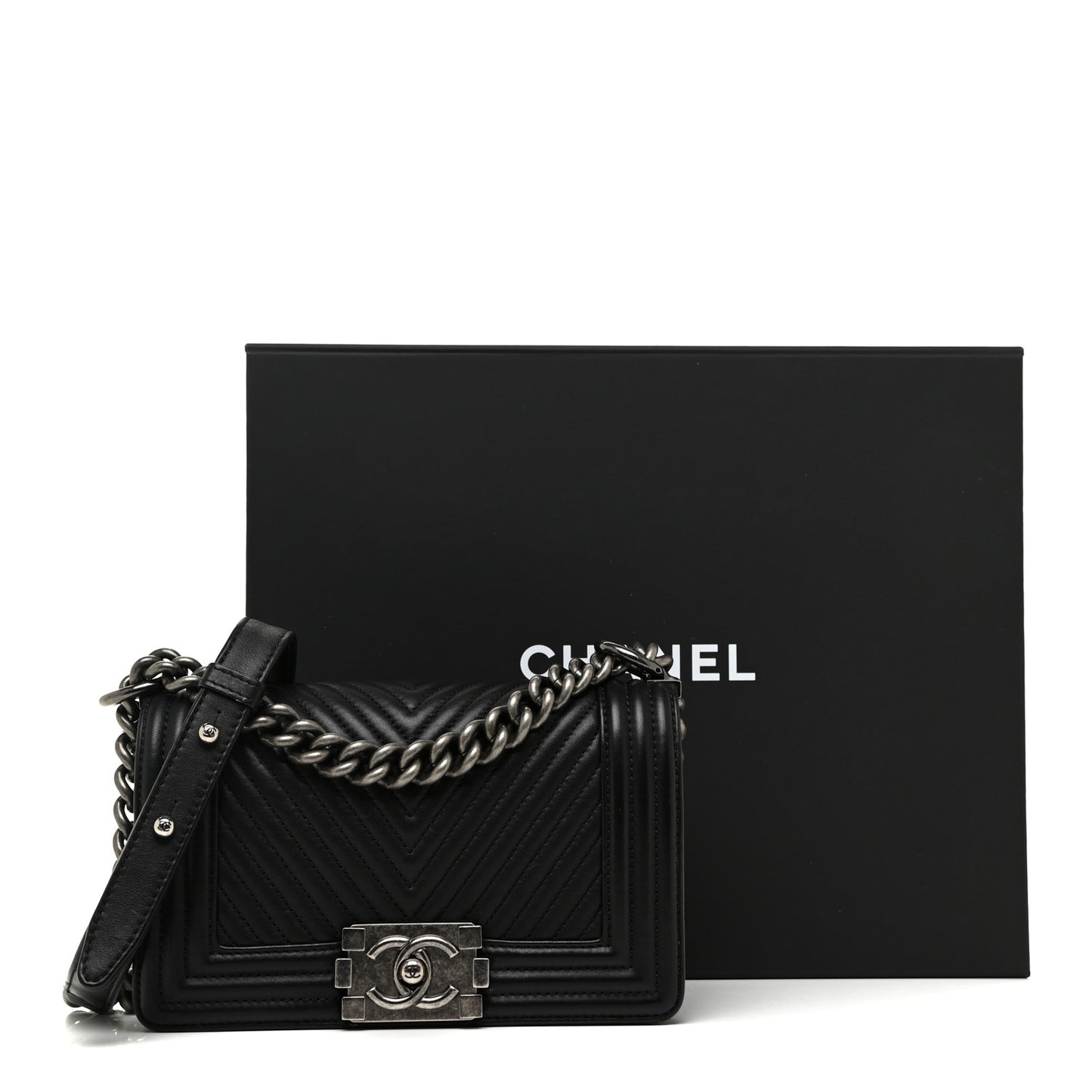 Calfskin Chevron Quilted Small Boy Flap Black