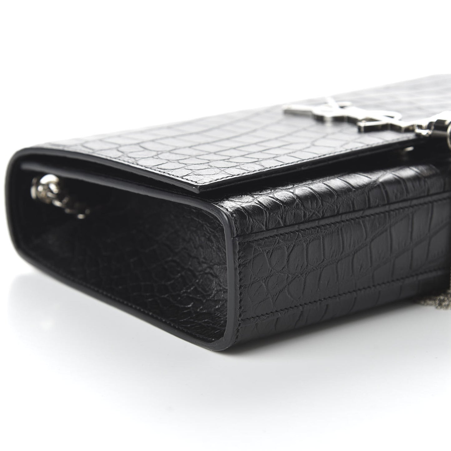 Calfskin Crocodile Embossed Medium Classic Monogram Kate Tassel Satchel Black
