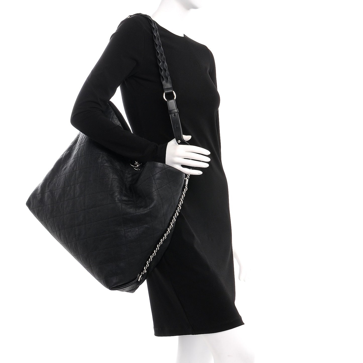 Grained Calfskin Stitched Large Braided With Style Hobo Black