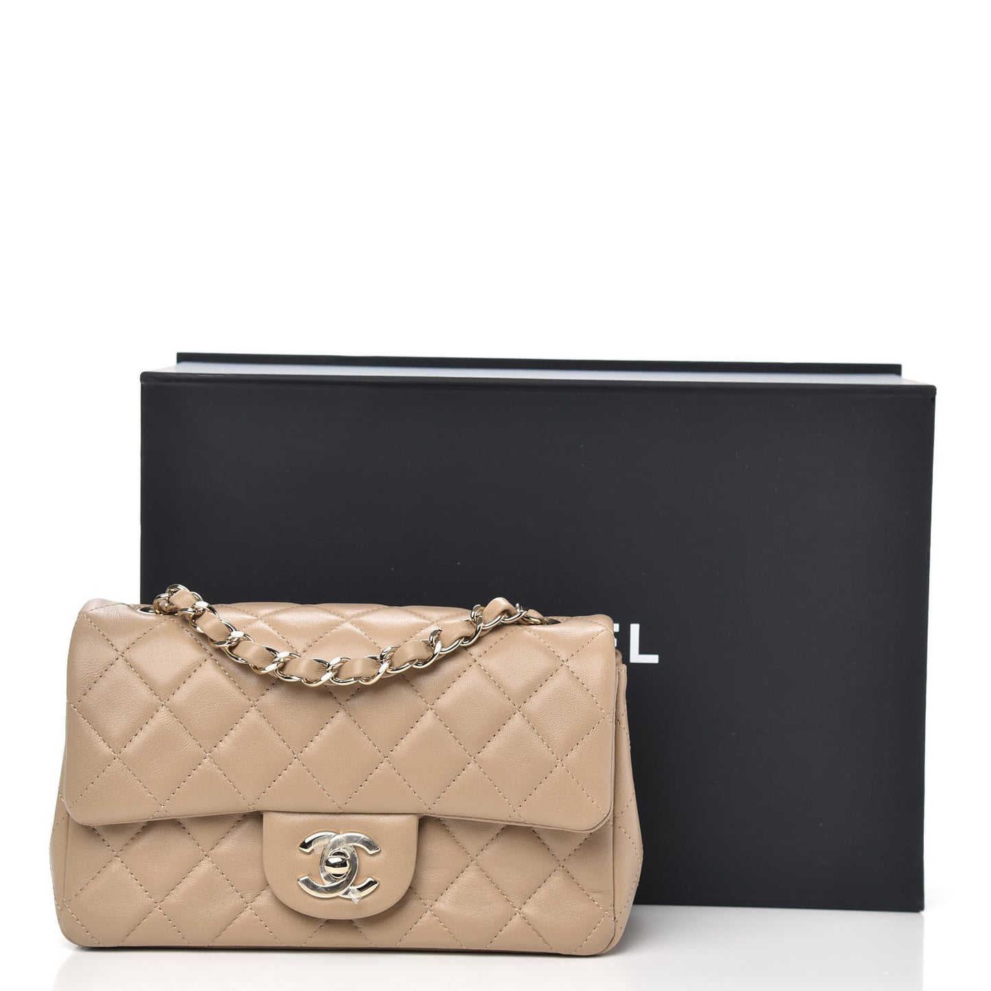Lambskin Quilted Mini Rectangular Flap Dark Beige