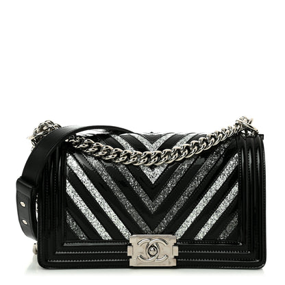 Chanel Patent Glitter PVC Chevron Quilted Medium Boy Flap Black Silver 1 of 10