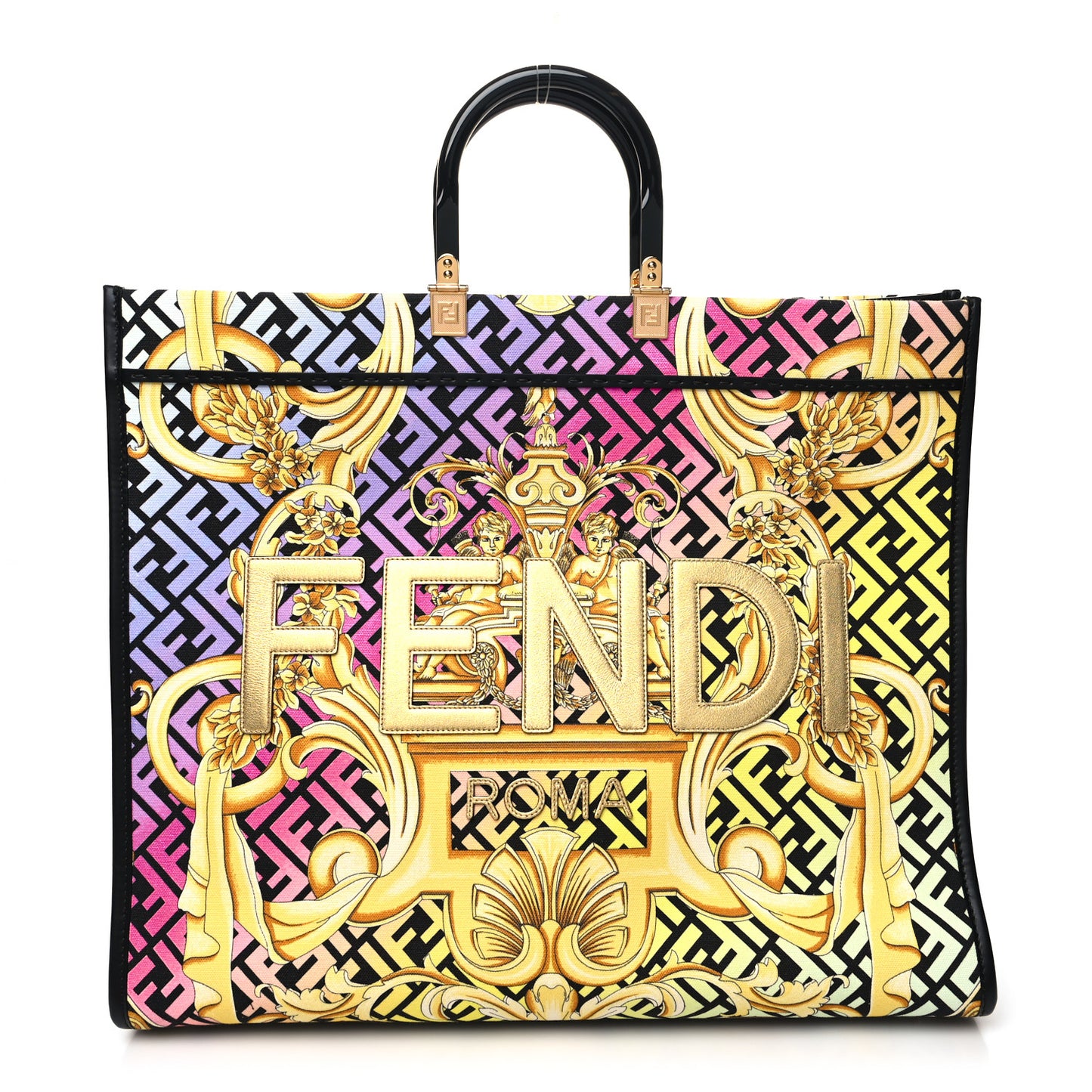 X VERSACE Canvas Printed Plexiglass Fendace FF Baroque XL Fendi Sunshine Shopper Tote Gold
