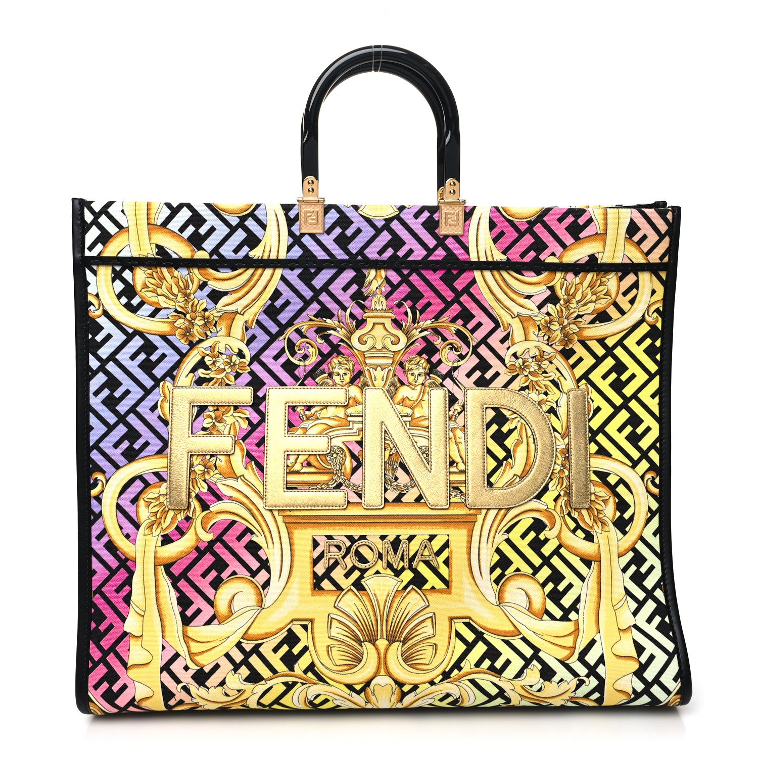 Fendi X VERSACE Canvas Printed Plexiglass Fendace FF Baroque XL Fendi Sunshine Shopper Tote Gold 1 of 12