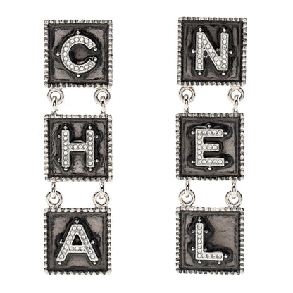 Chanel Metal Crystal Cha-Nel Logo Drop Earrings Silver 1 of 4