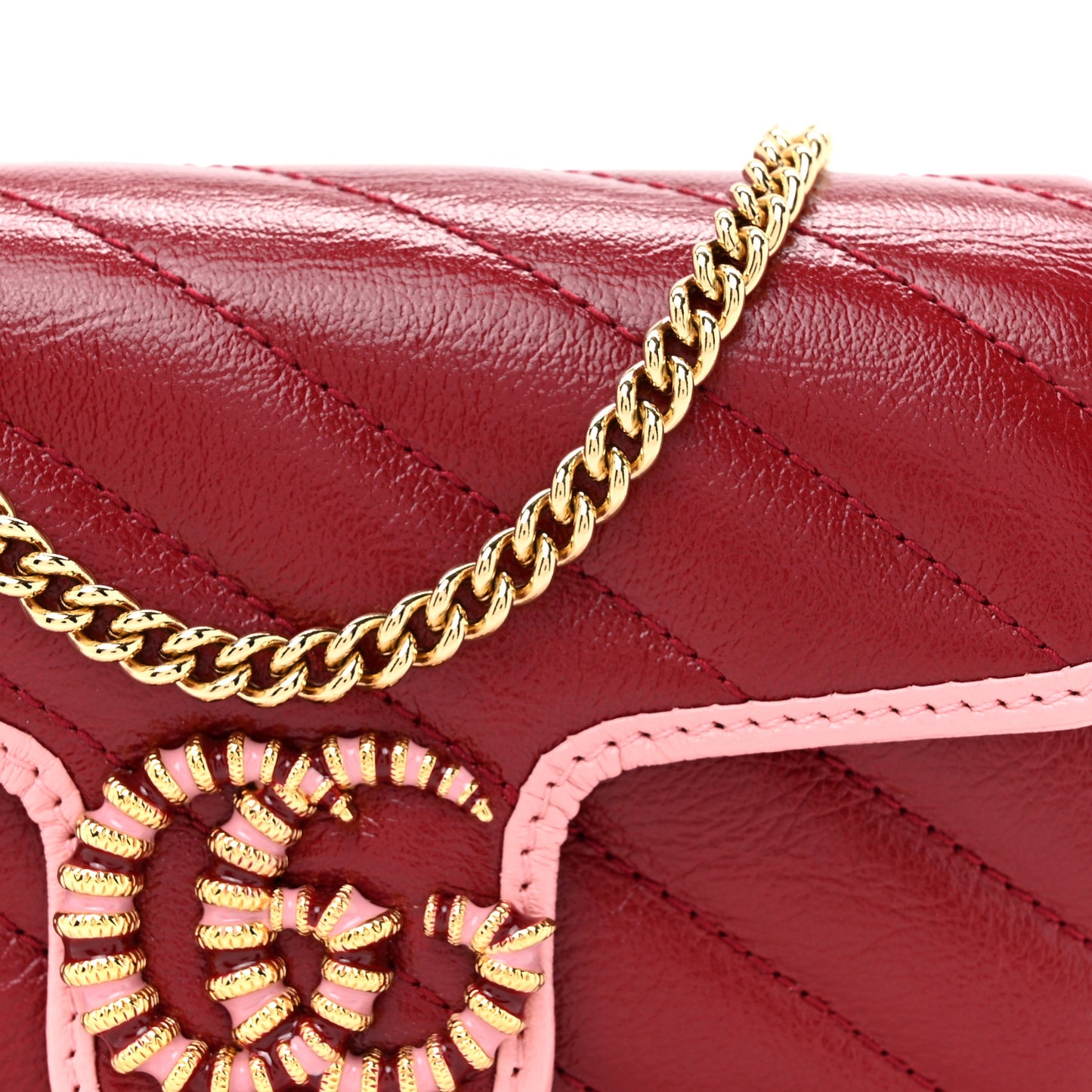 Azalea Calfskin Enamel Matelasse Diagonal Super Mini Torchon GG Marmont Shoulder Bag New Cherry Red Wild Rose