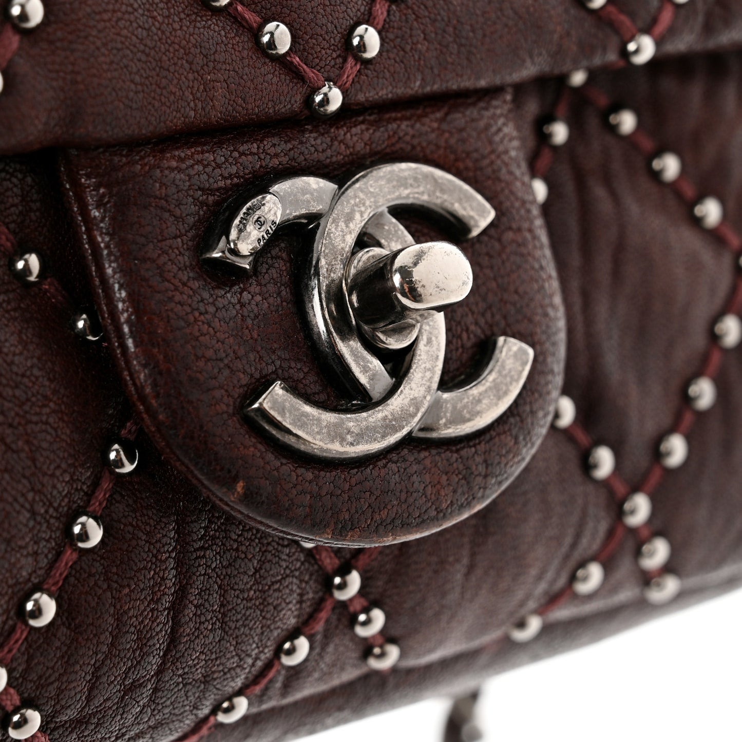 Washed Lambskin Studded Metal Beauty Flap Burgundy