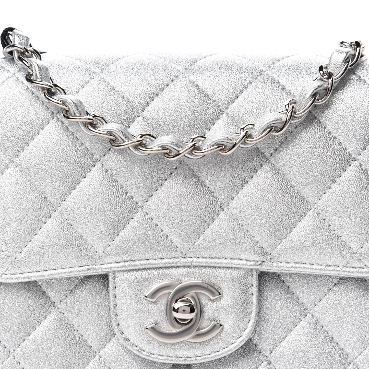 Metallic Lambskin Quilted Mini Square Flap Silver