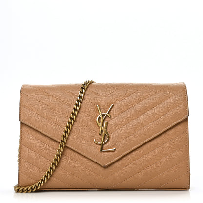 Saint Laurent Grain De Poudre Matelasse Chevron Monogram Chain Wallet Natural Dark 1 of 13