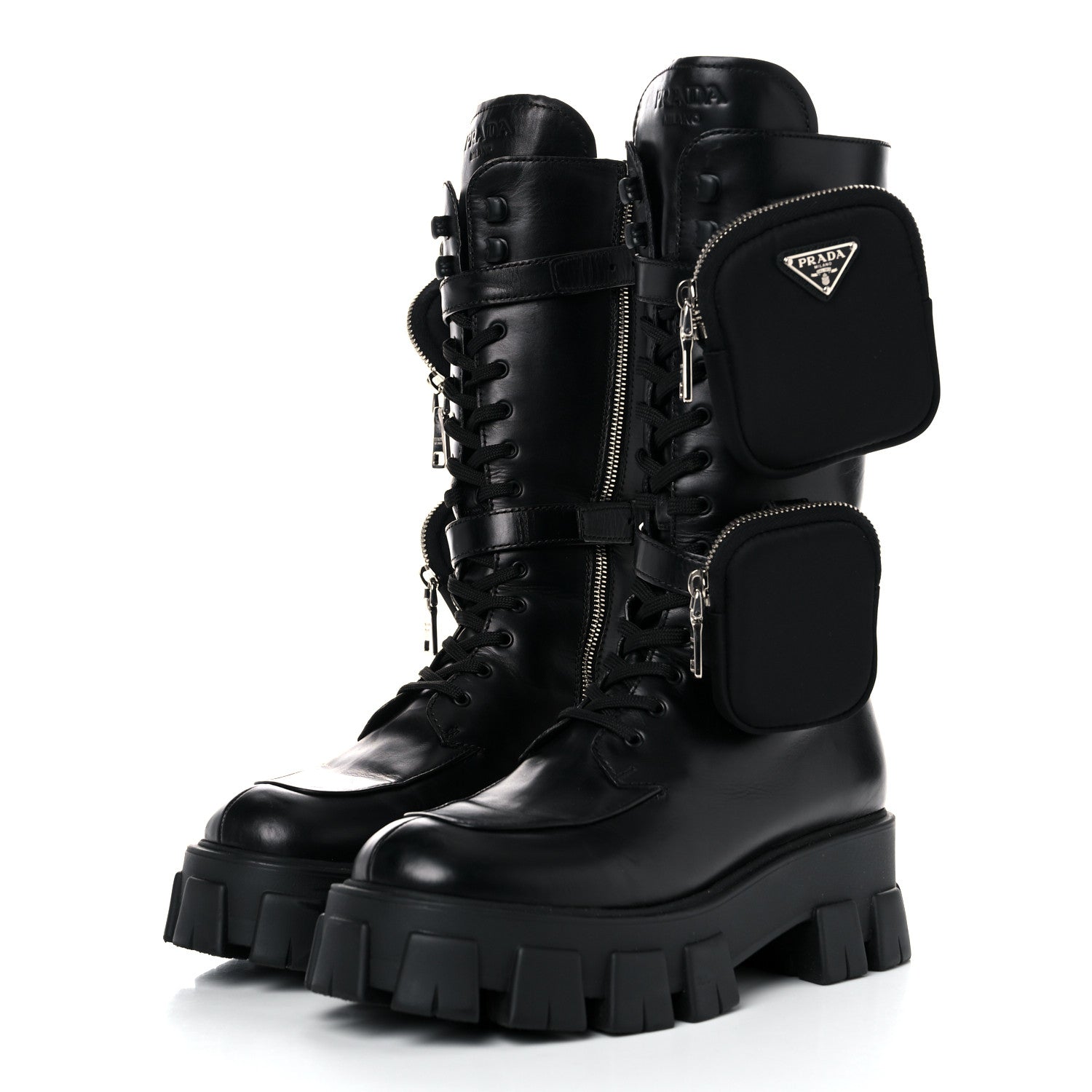 Prada Vitello Lux Nylon Metal Triangle Logo Monolith Pouch Pocket 55mm Tall Combat Boots 39.5 Black 3 of 12