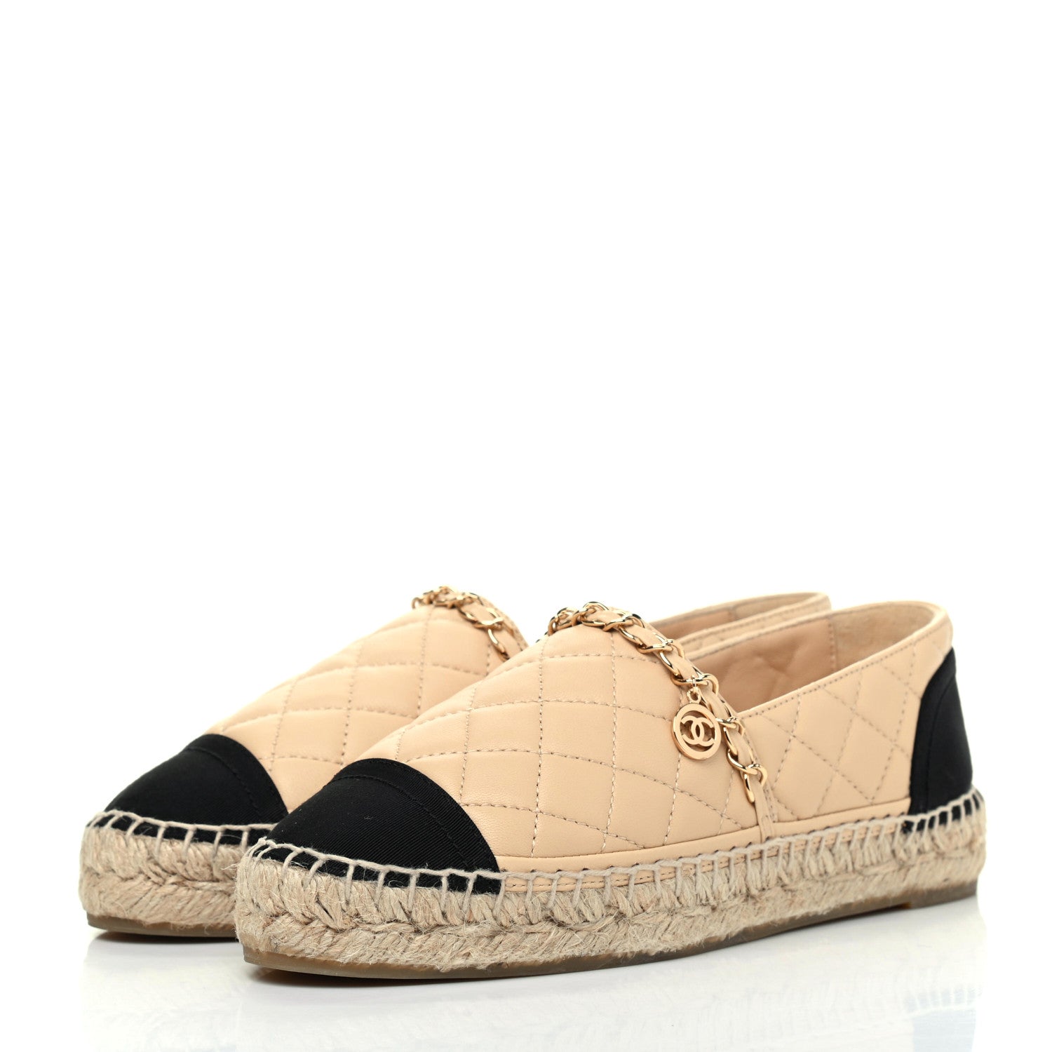Chanel Lambskin Grosgrain Quilted CC Chain Espadrilles 35 Beige Black 3 of 8