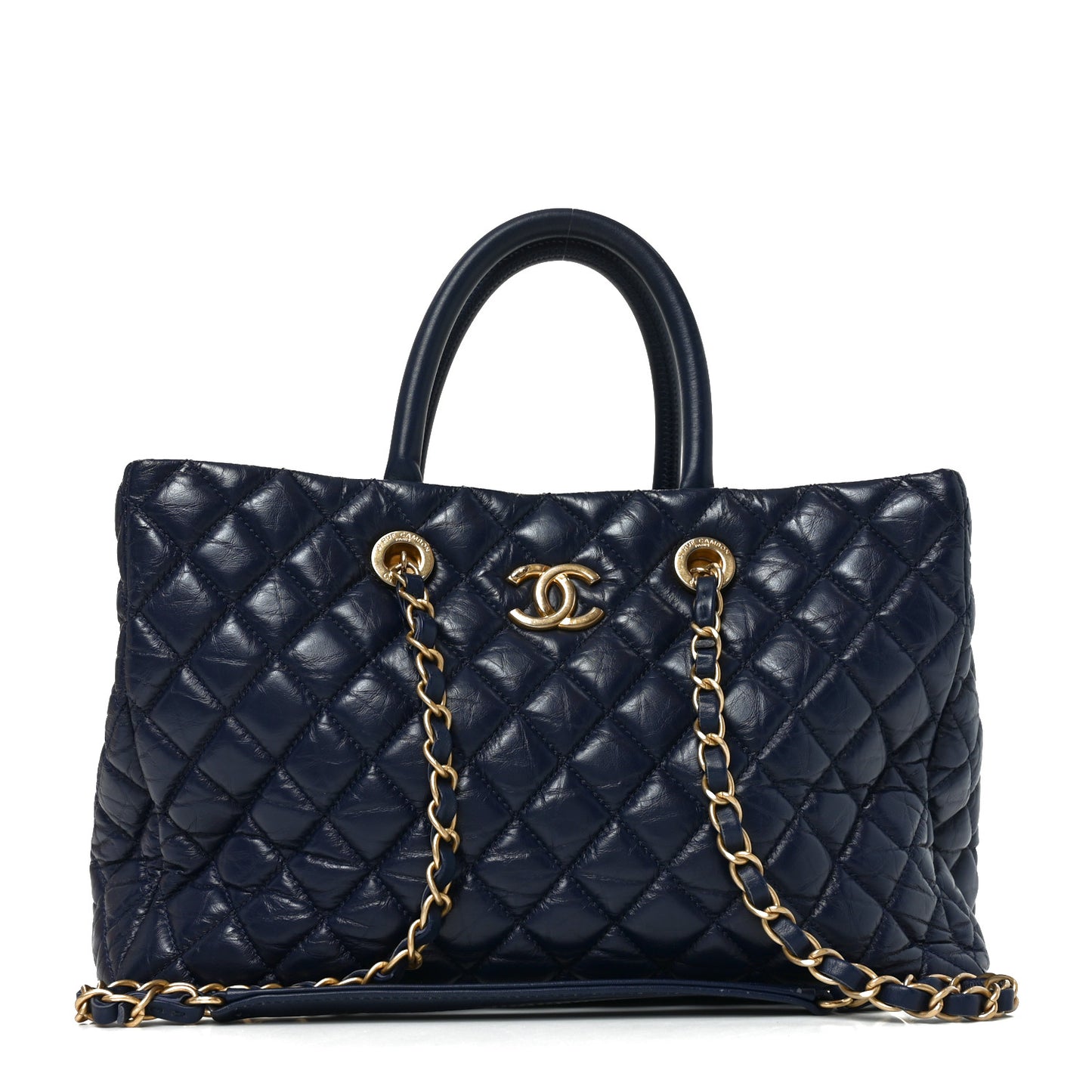 Aged Calfskin Quilted Medium Coco Handle Shopping Tote Navy