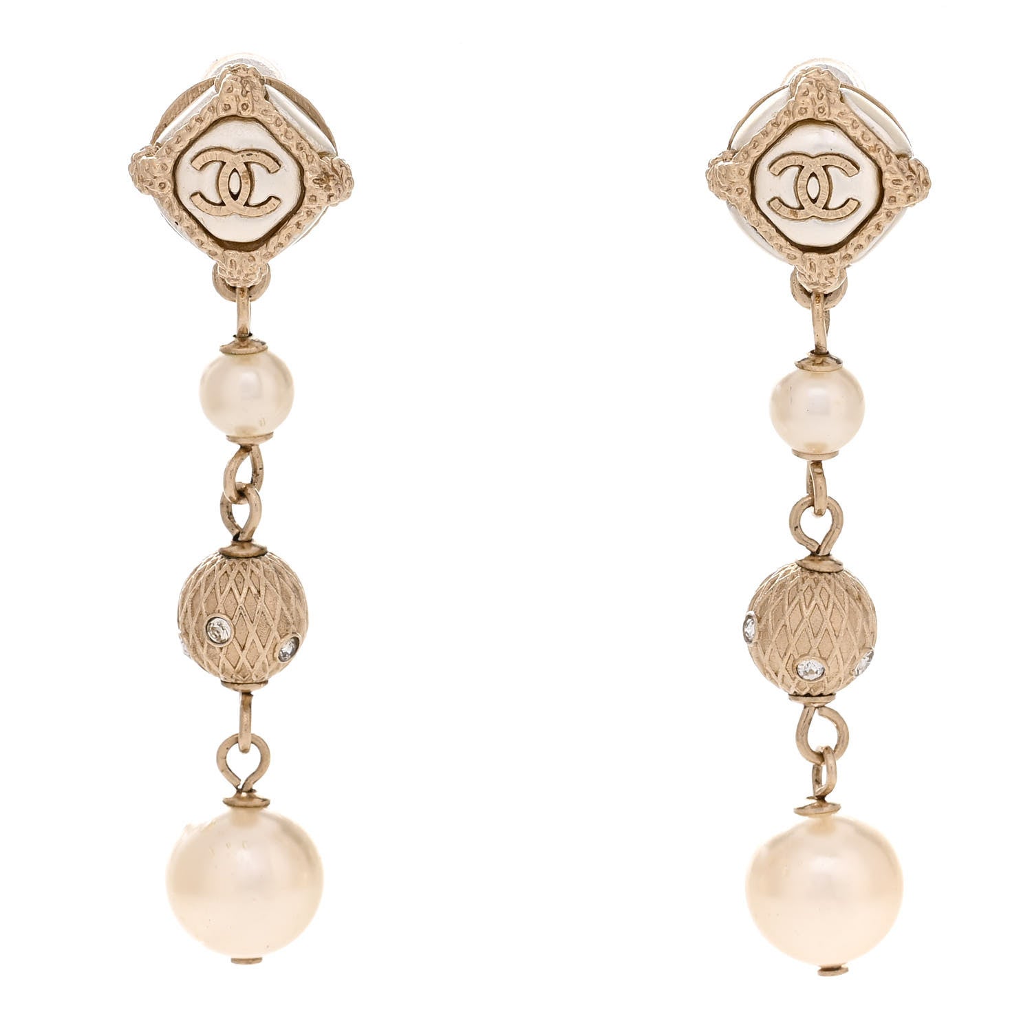 Chanel Pearl CC Drop Earrings Gold White 1 of 5