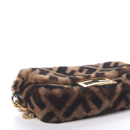 Fendi Shearling Vitello Dolce Macro FF 1974 Mini Baguette Tobacco Black 8 of 11