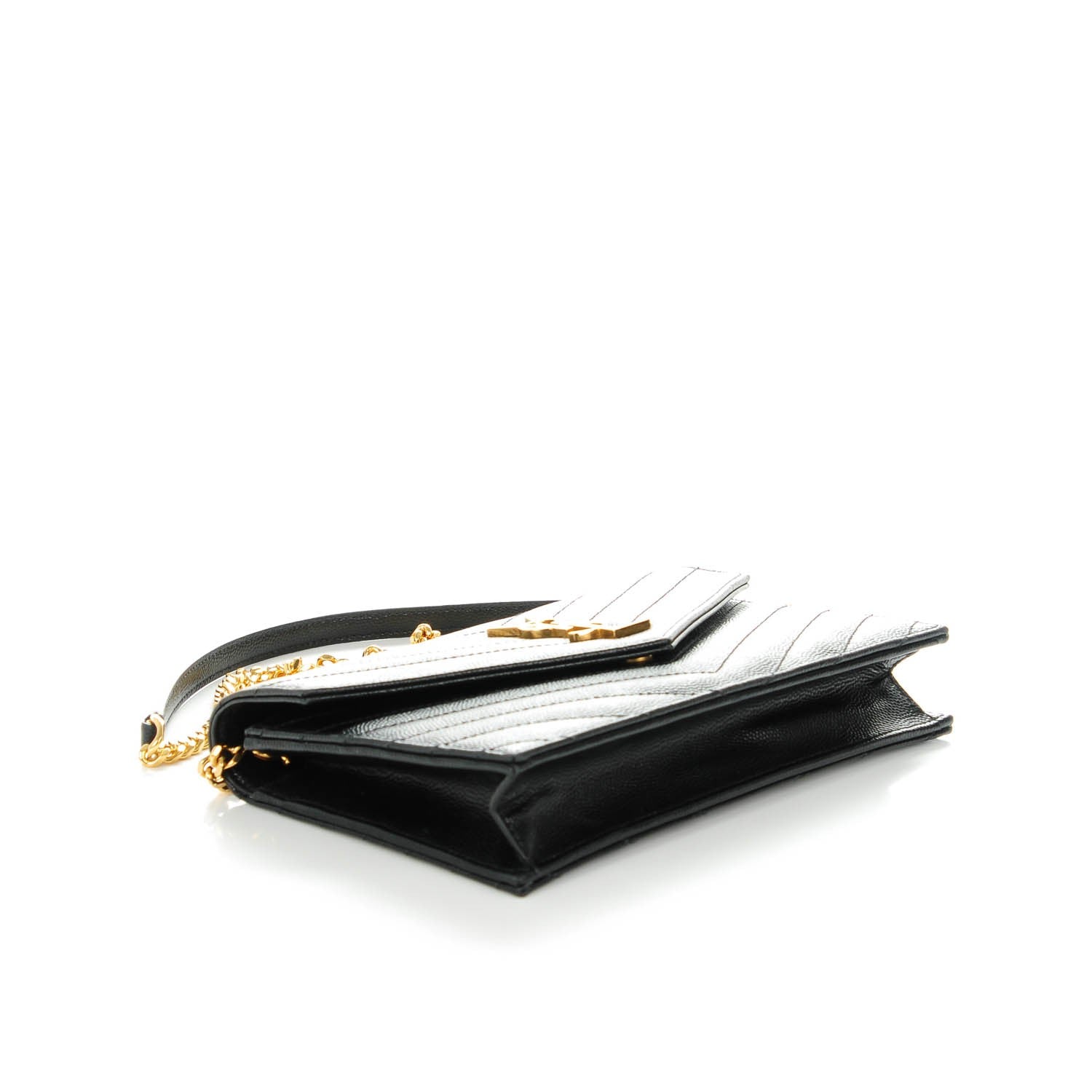 Saint Laurent Grain De Poudre Matelasse Chevron Monogram Chain Wallet Black 4 of 7