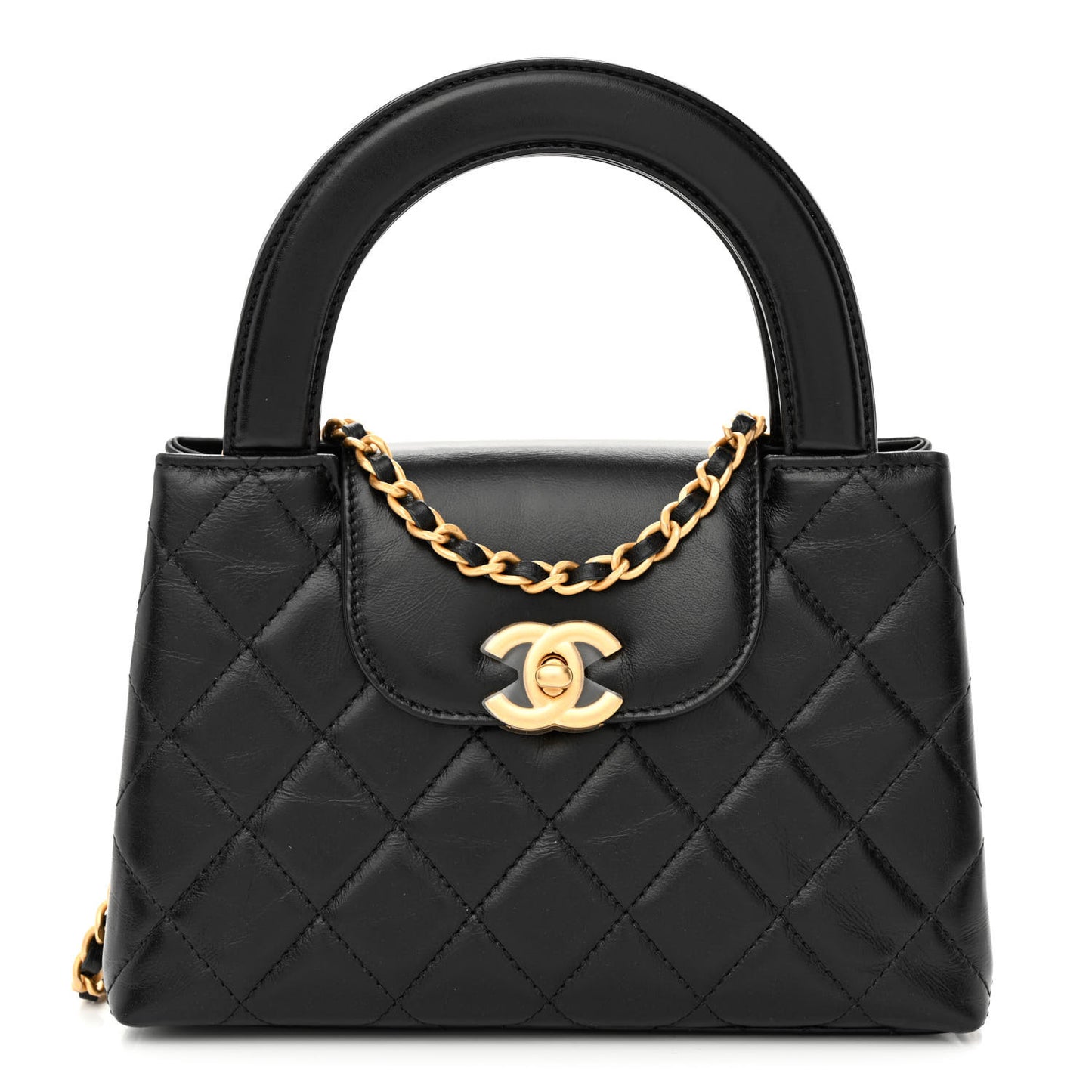 Shiny Aged Calfskin Quilted Nano Kelly Shopper Black