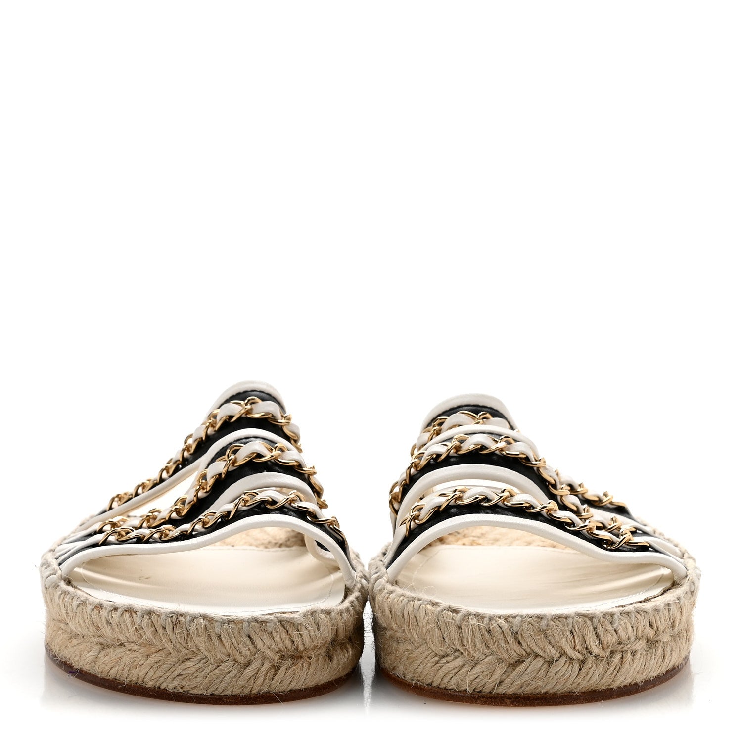 Chanel Lambskin Chain Espadrille Slip On Sandals 39 Black White 3 of 10