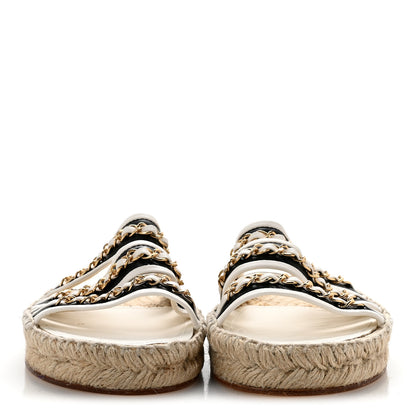 Chanel Lambskin Chain Espadrille Slip On Sandals 39 Black White 3 of 10