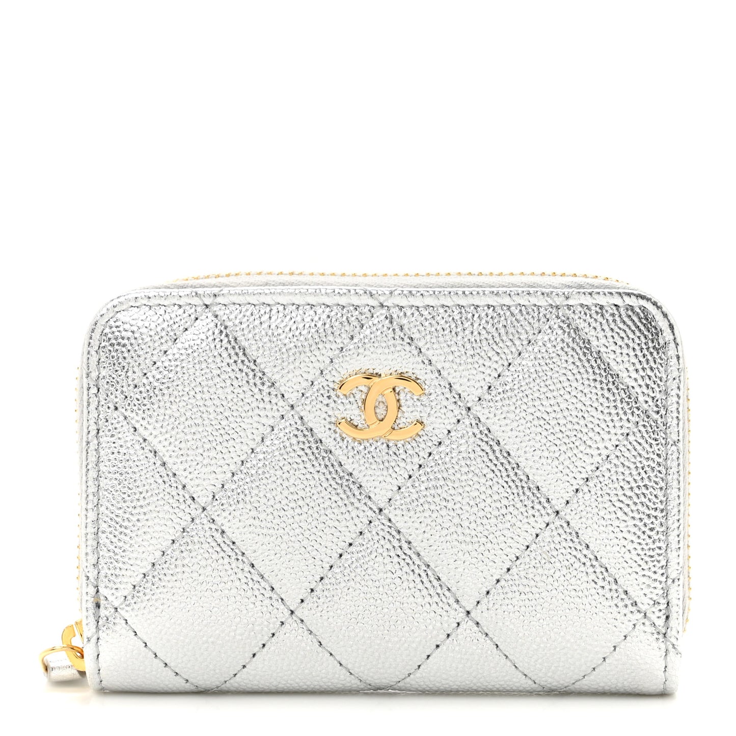 Metallic Caviar Quilted Zip Coin Purse Silver
