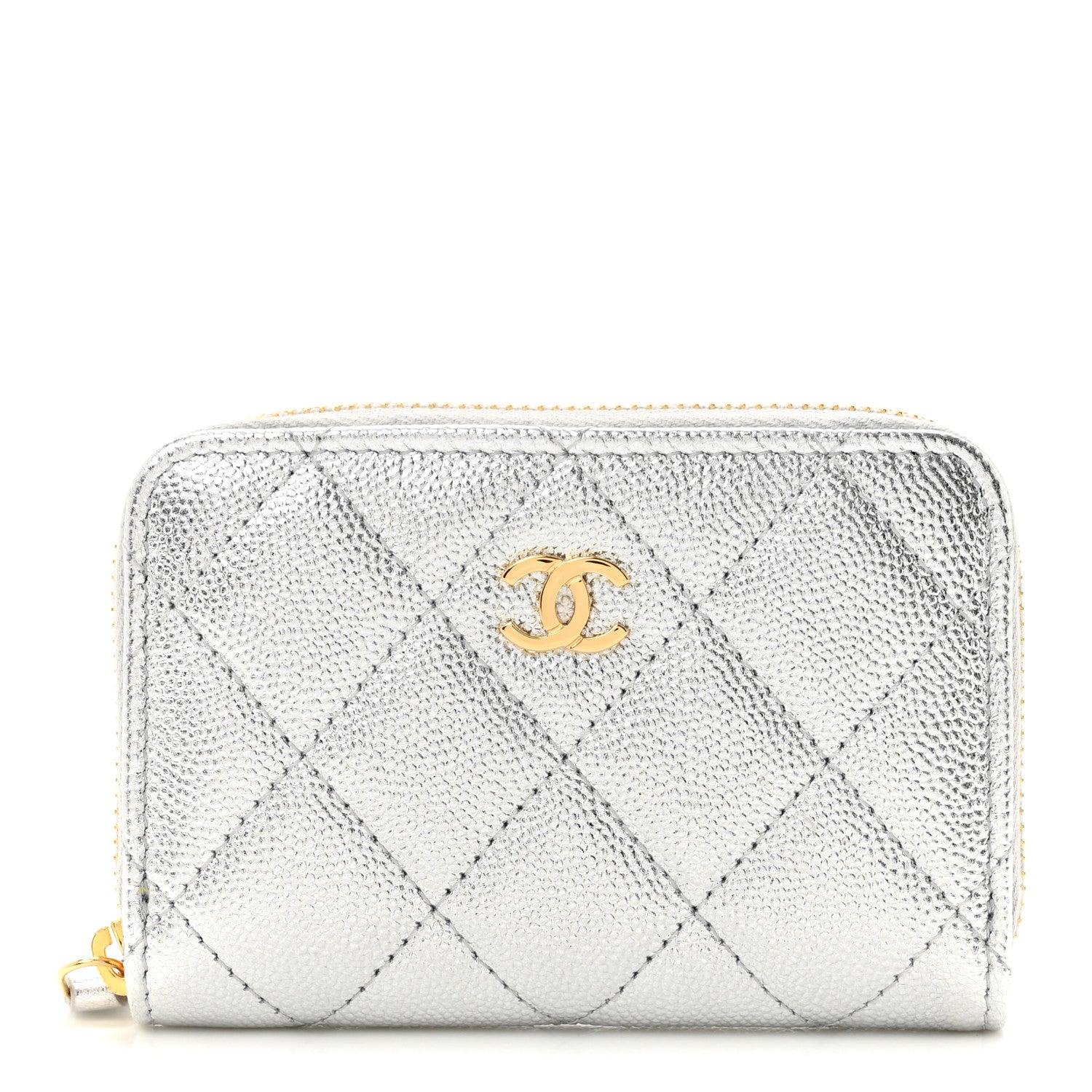 Chanel Metallic Caviar Quilted Zip Coin Purse Silver 1 of 8