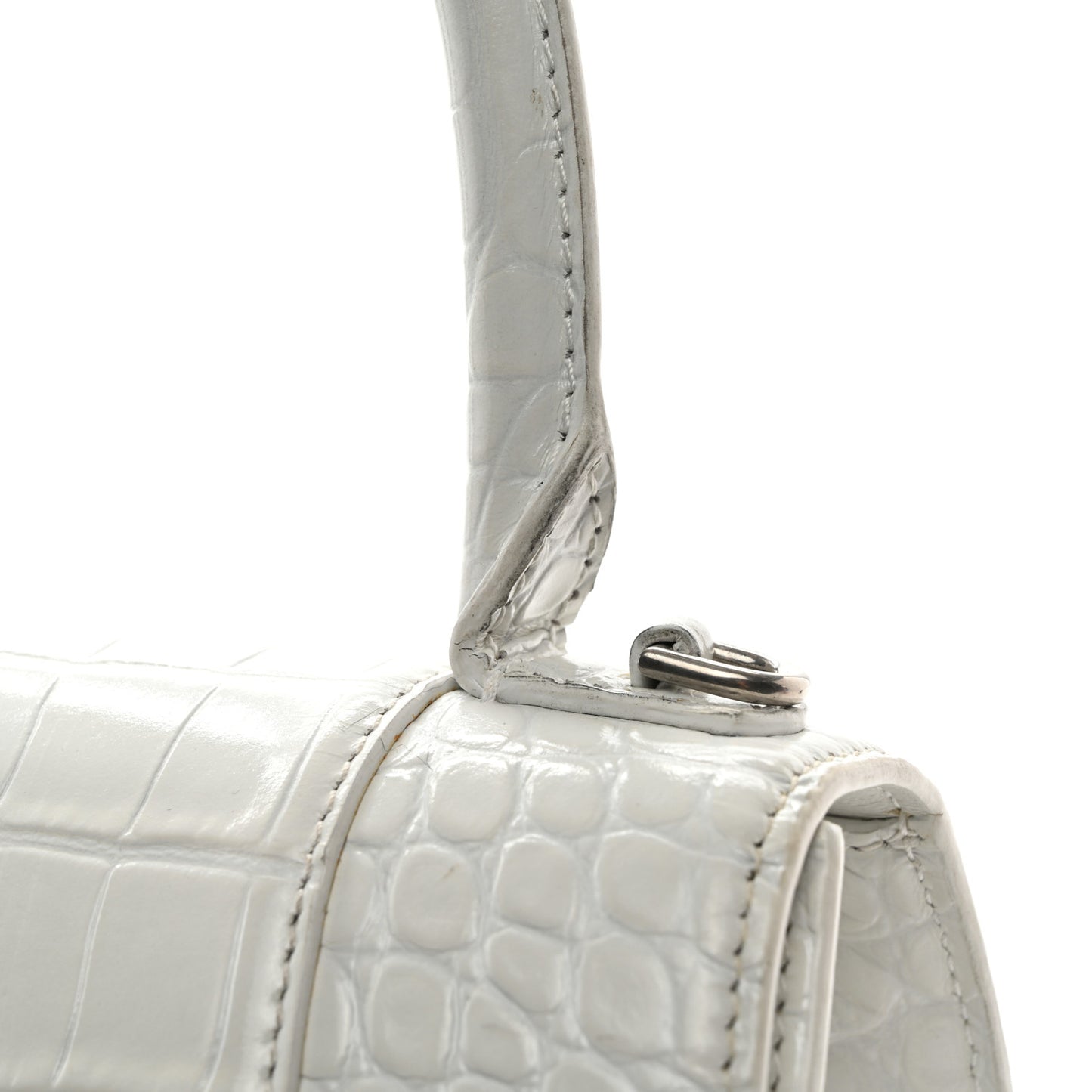 Shiny Calfskin Crocodile Embossed Small Hourglass Top Handle Bag White