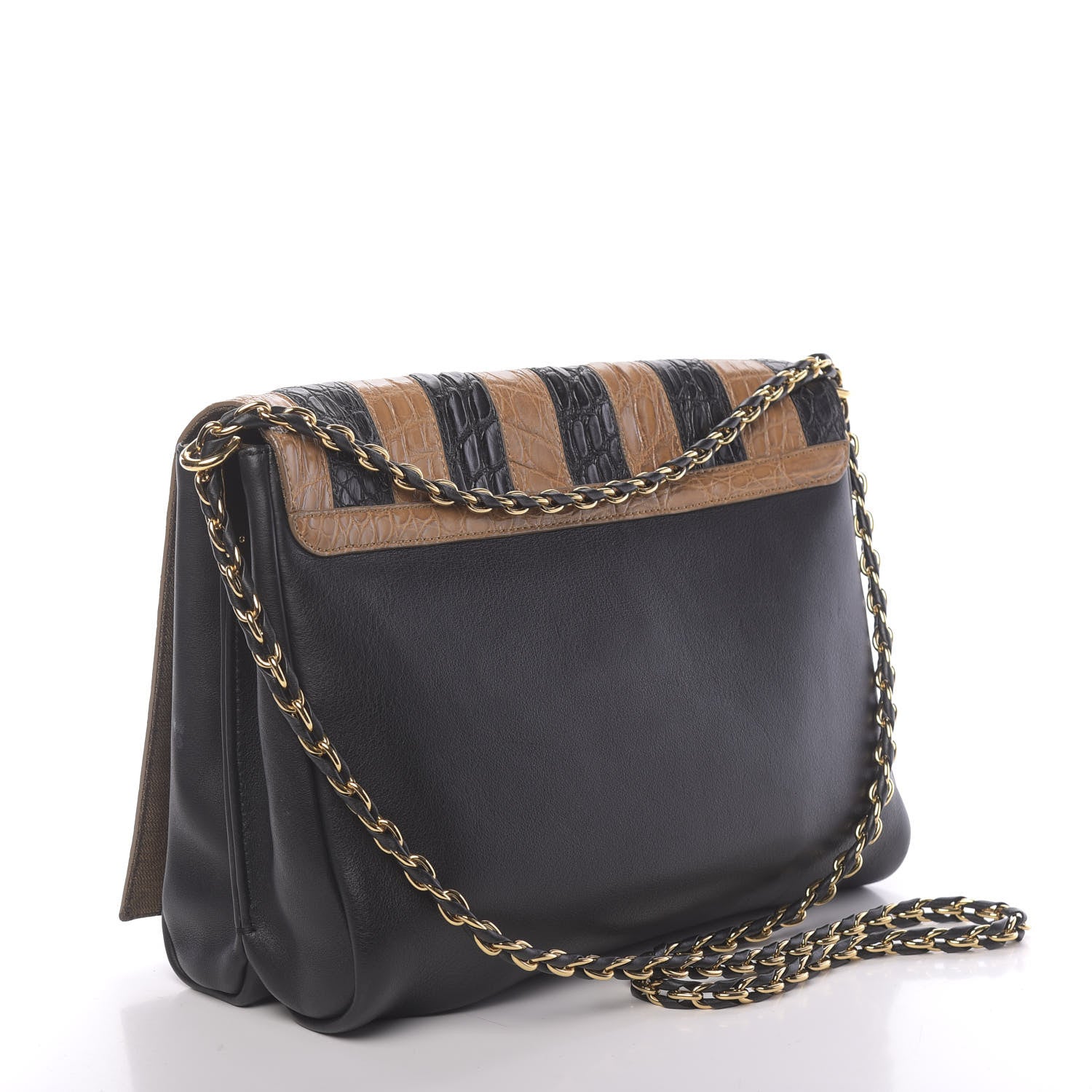 Fendi Calfskin Crocodile Embossed Striped Claudia Large Shoulder Bag Black 3 of 11