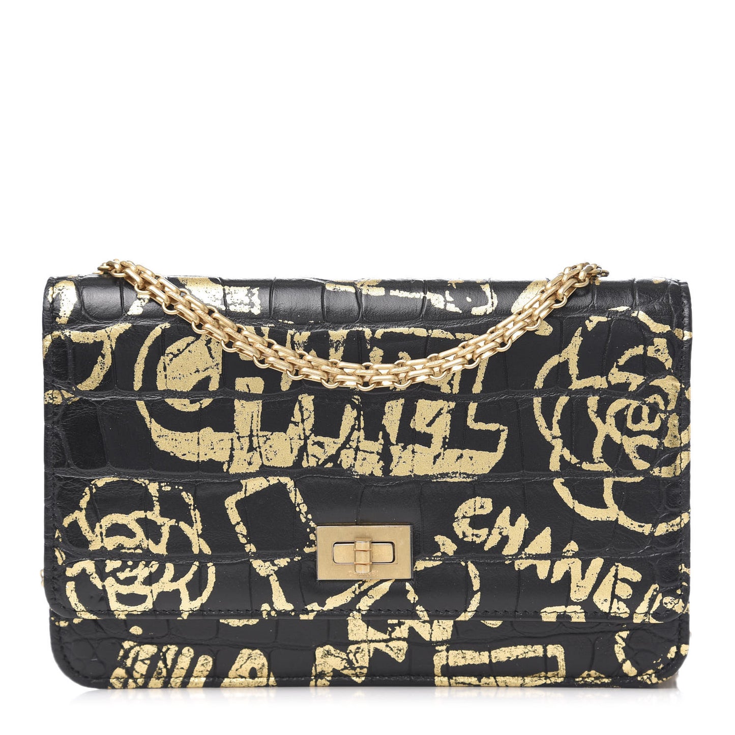 Calfskin Crocodile Embossed Graffiti 2.55 Cocodile Reissue Wallet On Chain WOC Black Gold