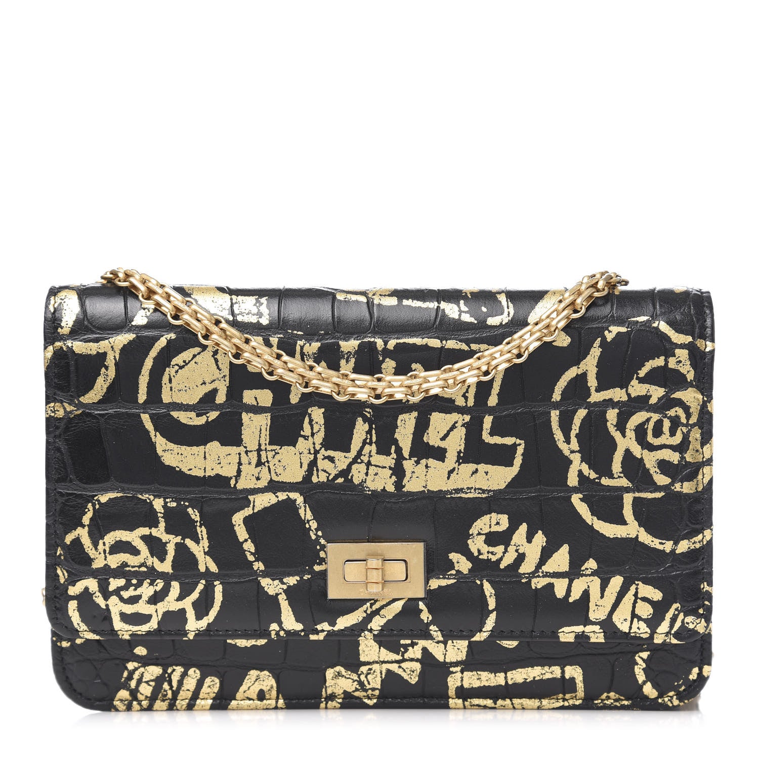 Chanel Calfskin Crocodile Embossed Graffiti 2.55 Cocodile Reissue Wallet On Chain WOC Black Gold 1 of 22