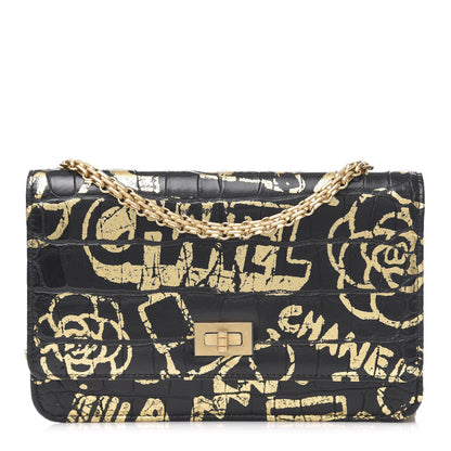 Chanel Calfskin Crocodile Embossed Graffiti 2.55 Cocodile Reissue Wallet On Chain WOC Black Gold 1 of 22