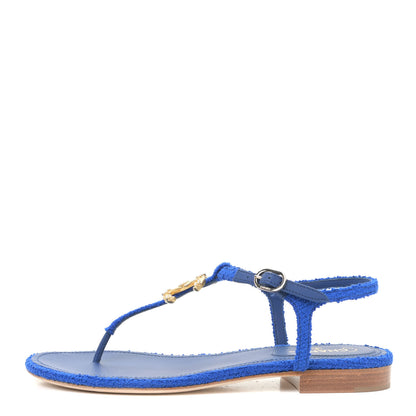 Chanel Cotton Tweed CC Logo Thong Sandals 37 Navy Blue 1 of 13