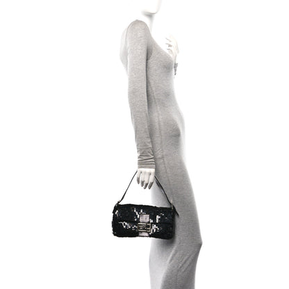 Fendi Sequin Paillettes Snakeskin Baguette Black 2 of 9