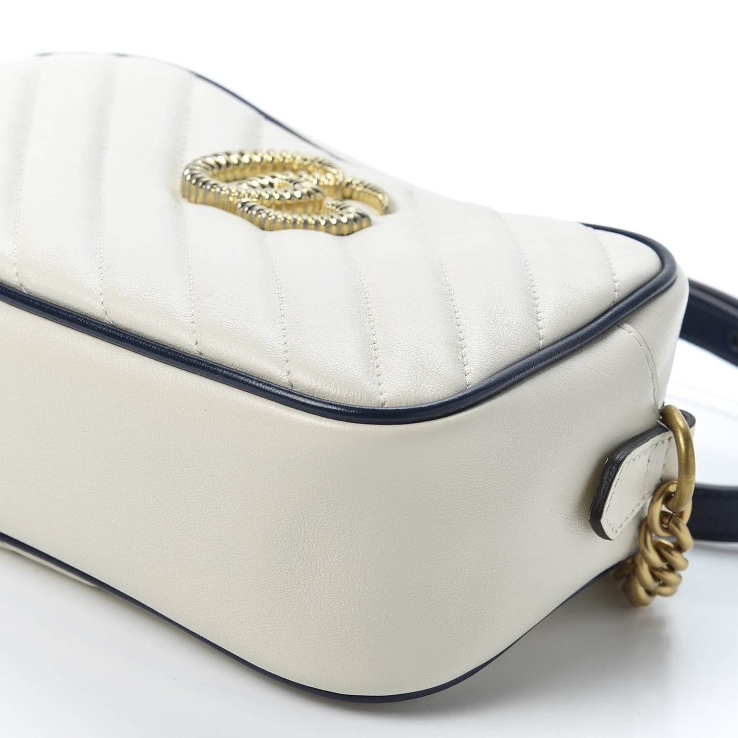 Vintage Effect Calfskin Matelasse Diagonal Small Torchon GG Marmont Chain Shoulder Bag Mystic White Blue Agata