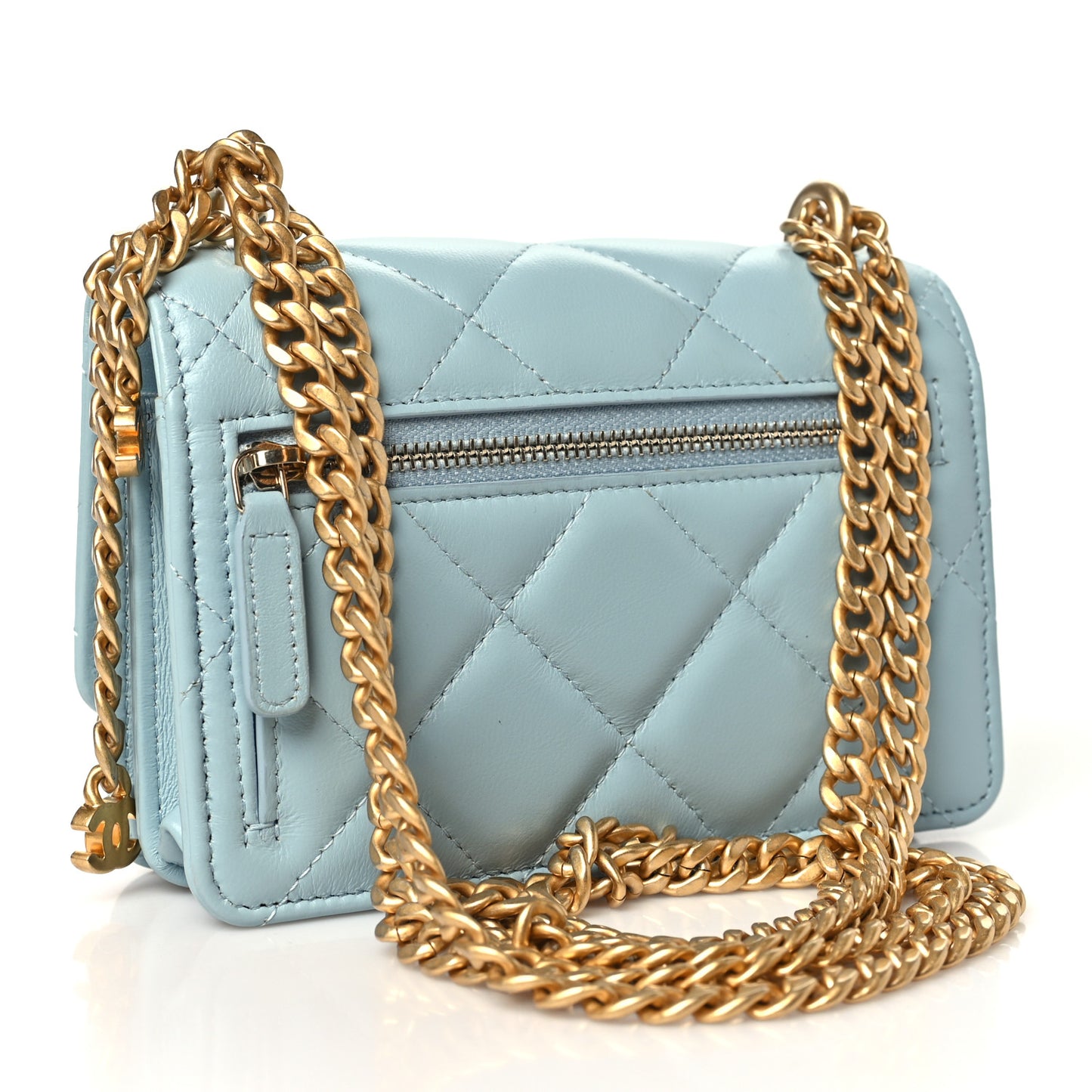 Lambskin Enamel Quilted Pending CC Clutch With Chain Light Blue