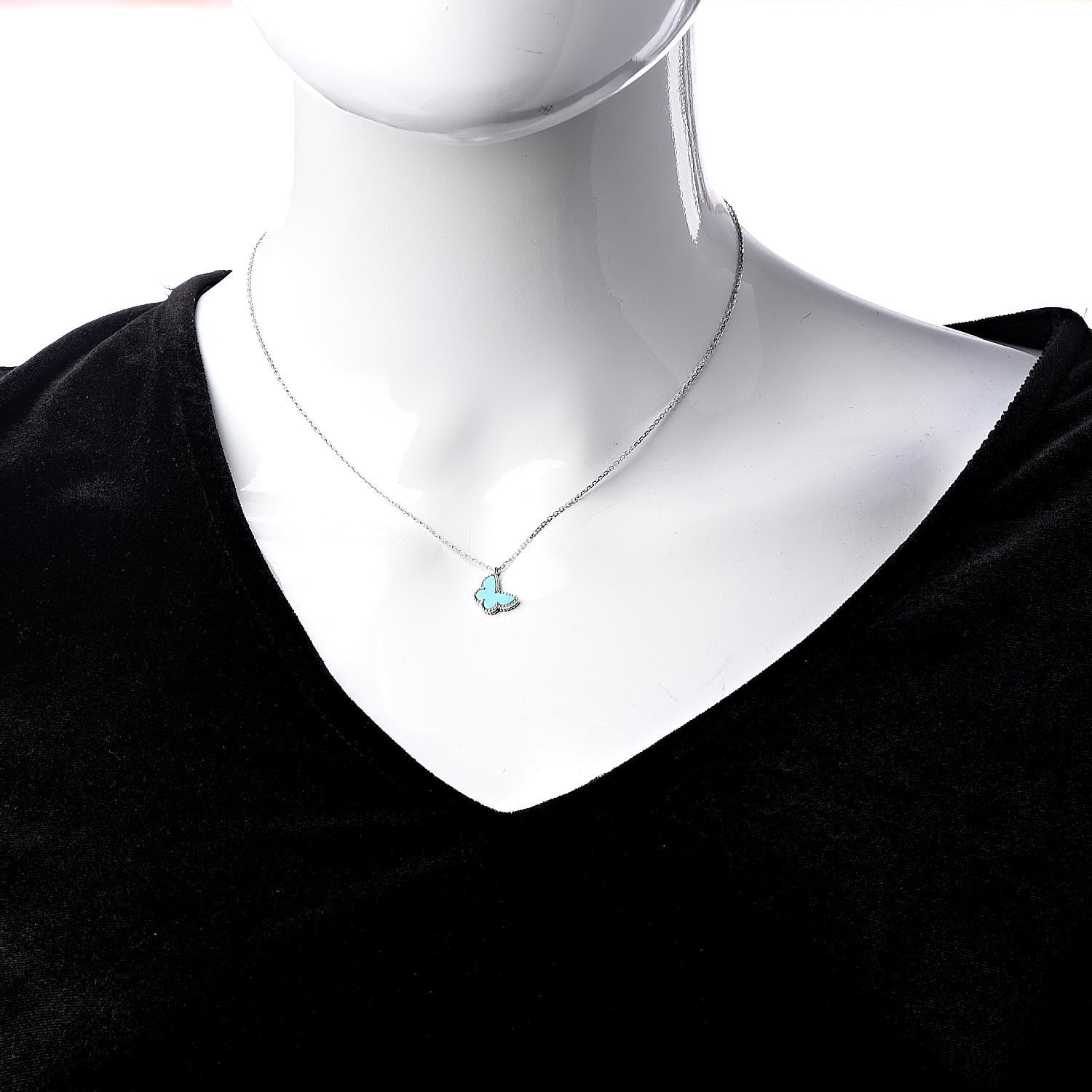 Van Cleef & Arpels 18K White Gold Turquoise Sweet Alhambra Butterfly Pendant Necklace 2 of 5