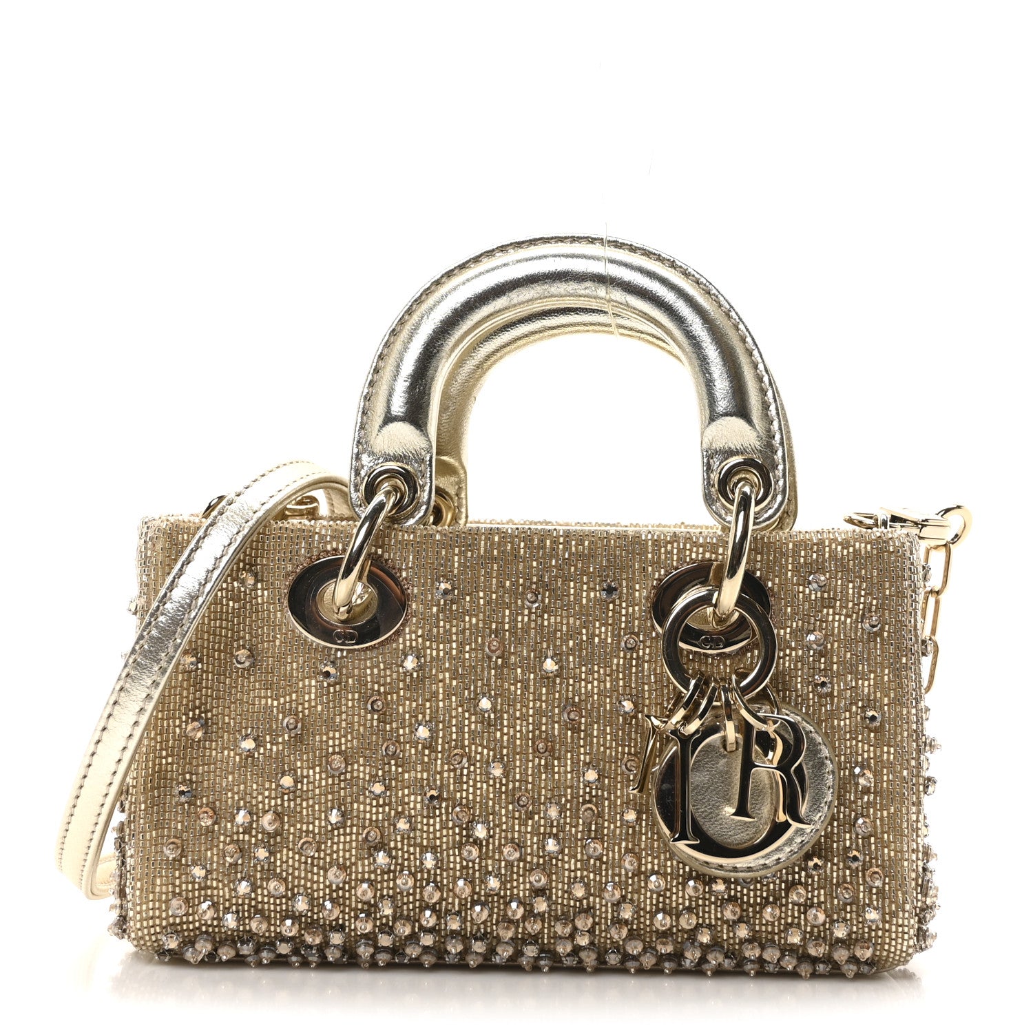 Christian Dior Metallic Lambskin Crystal Beaded Embroidered Micro Lady D-Joy Gold 1 of 11