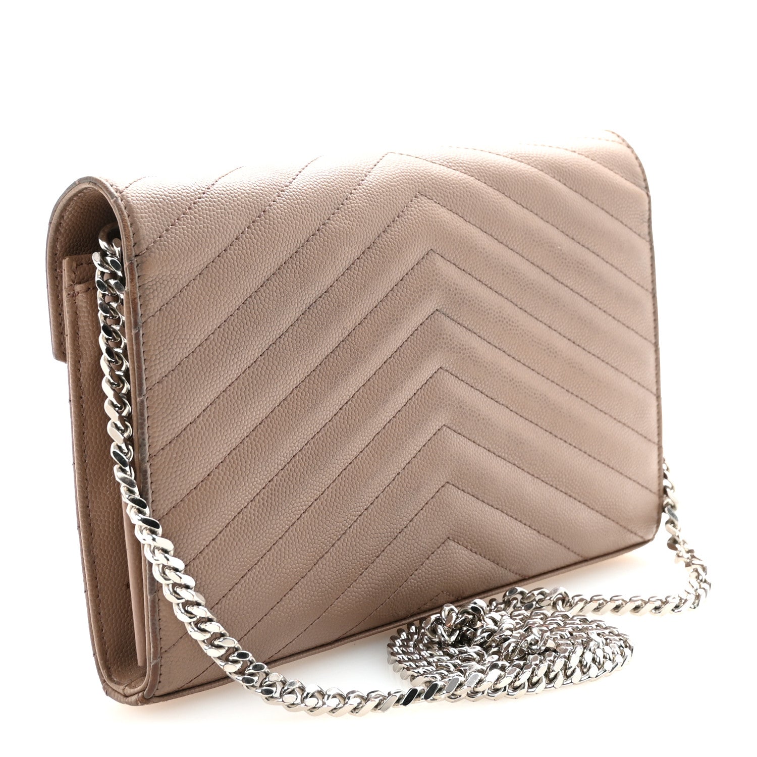 Saint Laurent Grain De Poudre Matelasse Chevron Monogram Chain Wallet Taupe 3 of 11
