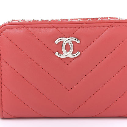 Chanel Lambskin Chevron Quilted Studded Zip Around Coin Purse Red 10 of 11