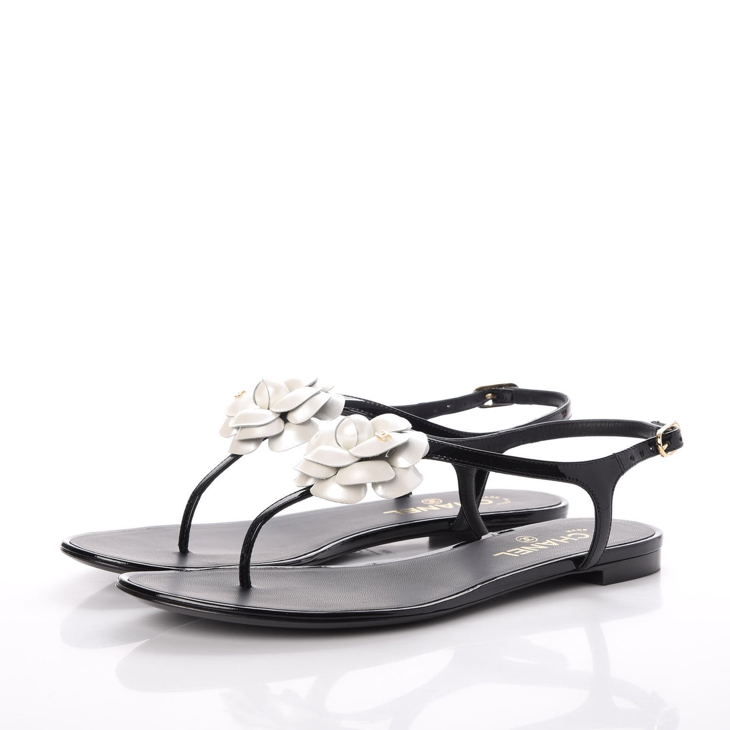 Patent Calfskin Camellia Thong Sandals 40 Black White