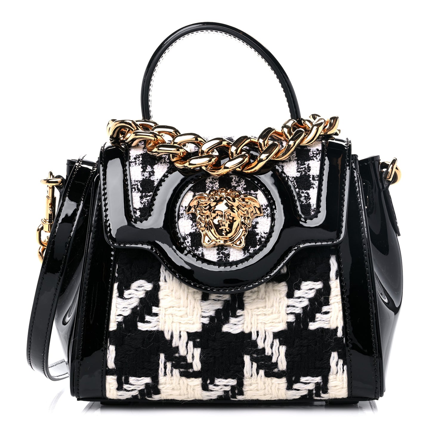 Patent Calfskin Tweed Houndstooth Medusa Small Top Handle Handbag Black White
