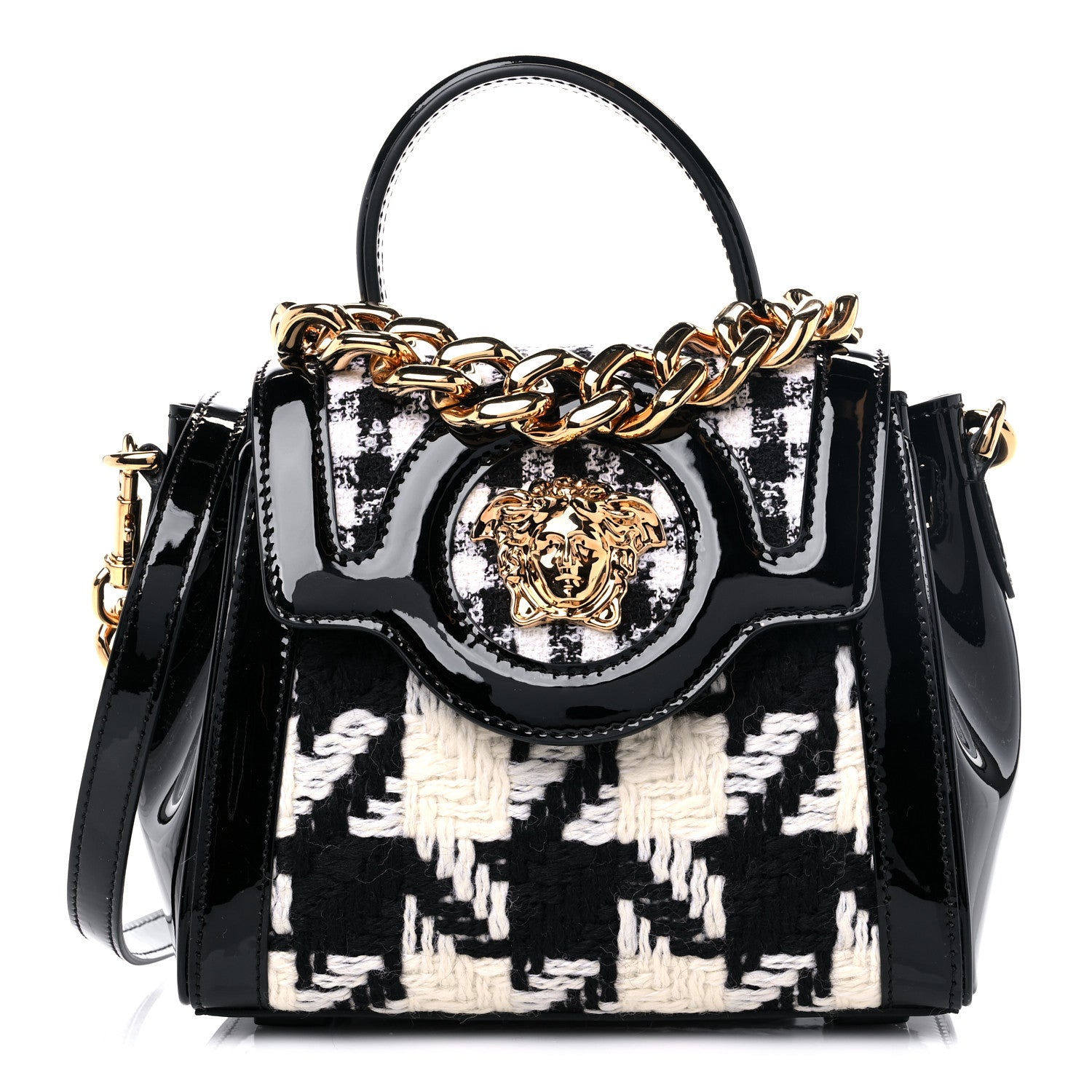 Versace Patent Calfskin Tweed Houndstooth Medusa Small Top Handle Handbag Black White 1 of 8