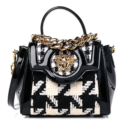 Versace Patent Calfskin Tweed Houndstooth Medusa Small Top Handle Handbag Black White 1 of 8