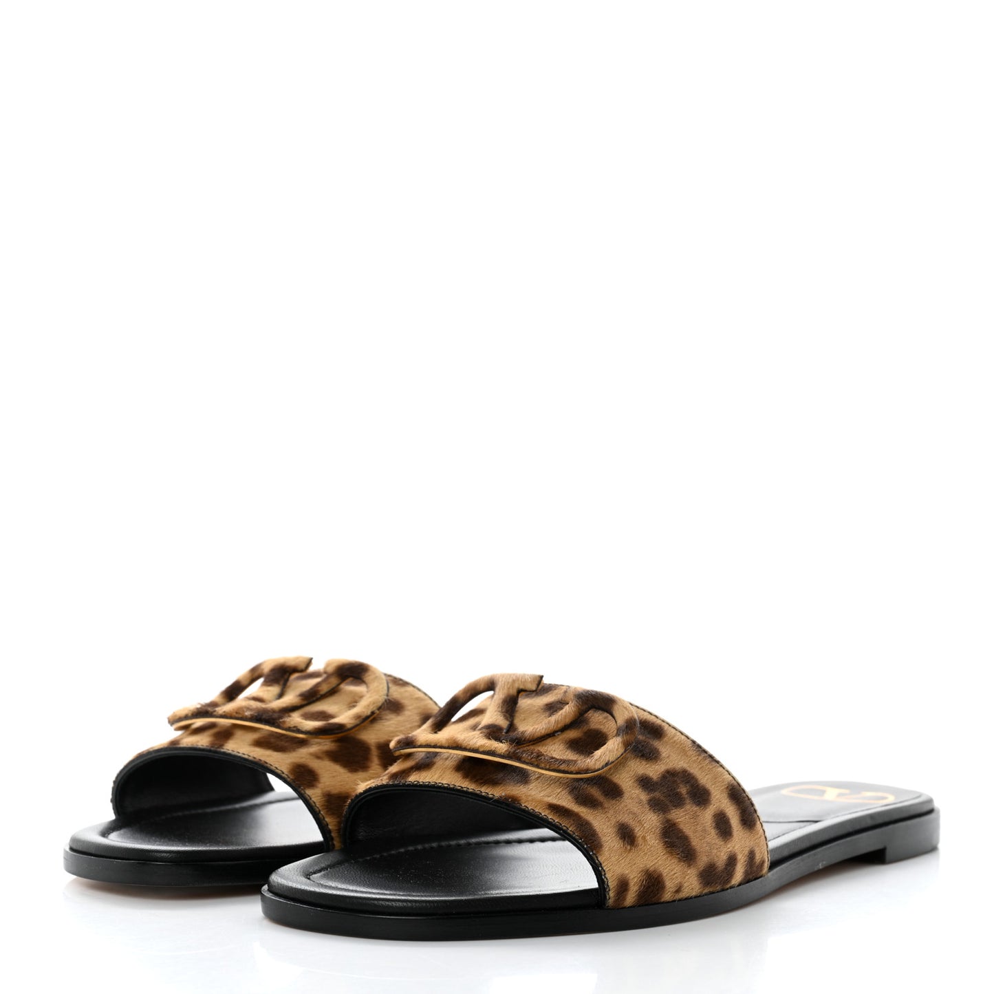 Calf Hair Leopard Print VLogo Flat Slide Sandals 37 Black