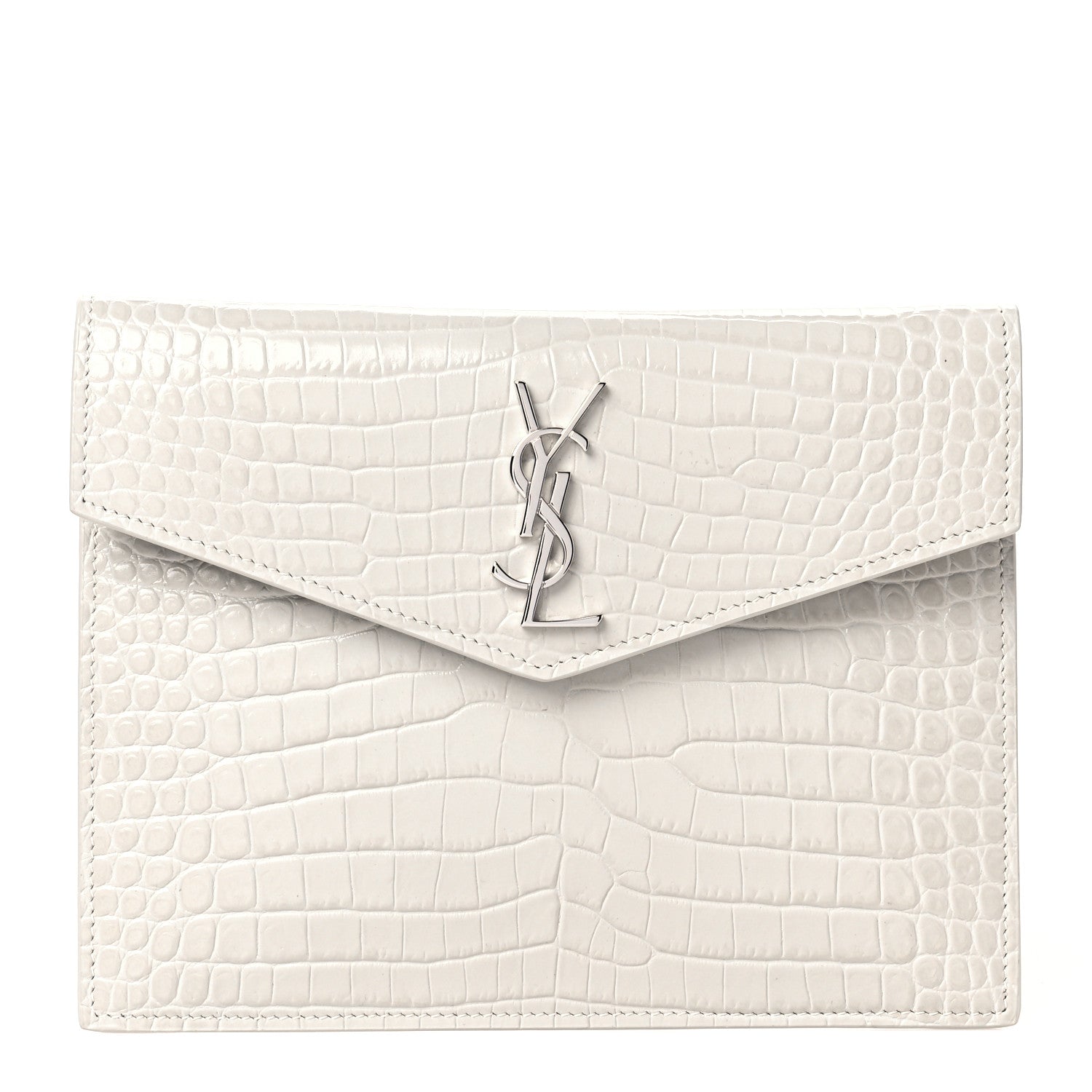 Saint Laurent Calfskin Crocodile Embossed Monogram Uptown Baby Pouch Crema Soft 1 of 7
