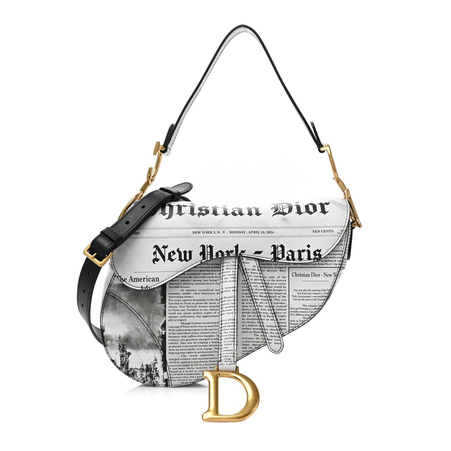 Calfskin Newspaper Printed Saddle Bag With Strap Black White