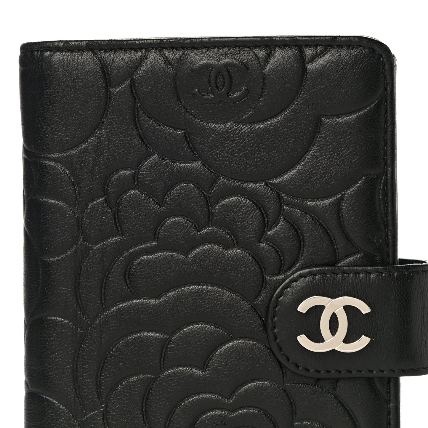 Lambskin Camellia Embossed Zipped Pocket Wallet Black