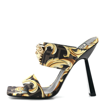 Versace X FENDI Silk Fendace Baroque Medusa High Heel Mule Sandals 39 Tobacco Black Gold 1 of 8