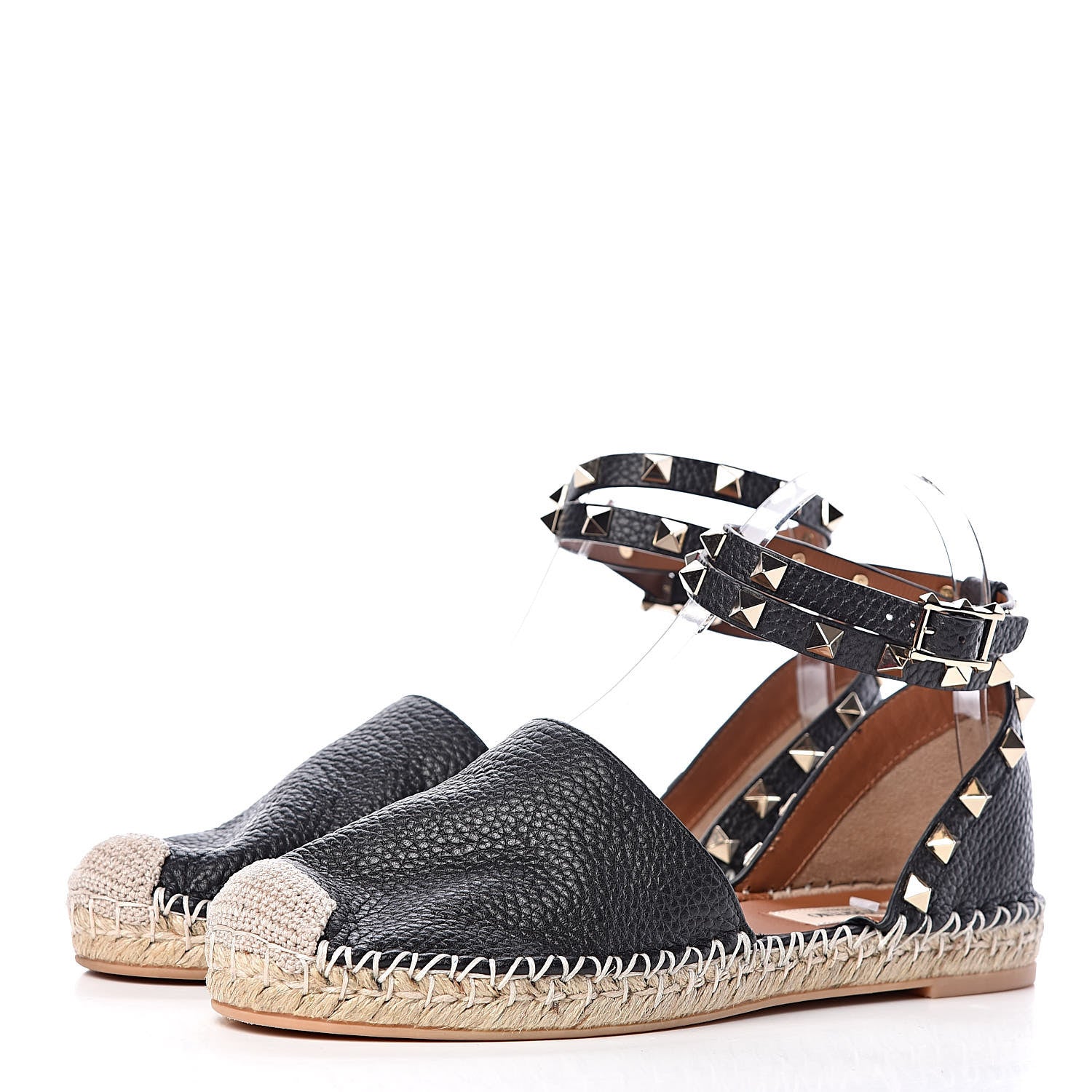 Valentino Garavani Grained Calfskin Rockstud Ankle Wrap Espadrille 20mm Flats 37 Black Light Cuir Natural 3 of 9