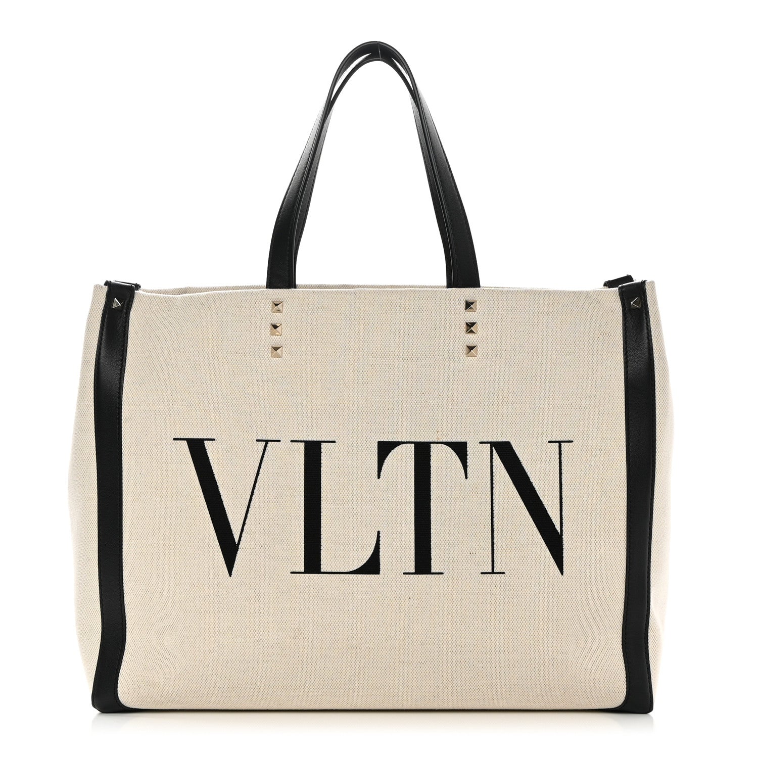 Valentino Garavani Canvas Calfskin VLTN Print Small Rockstud Tote Naturale Black 1 of 11
