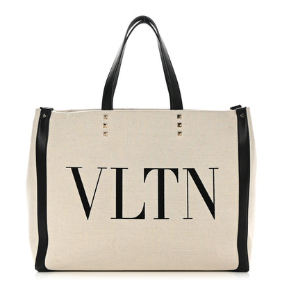 Valentino Garavani Canvas Calfskin VLTN Print Small Rockstud Tote Naturale Black 1 of 11